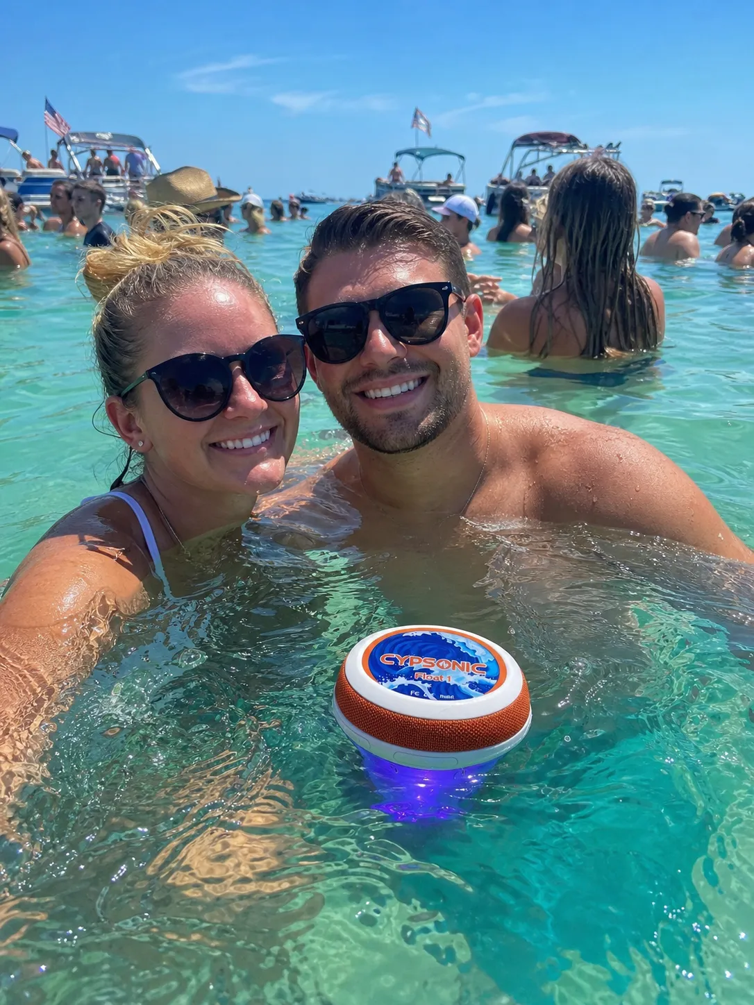 waterproof Bluetooth speaker by the pool at a beach party